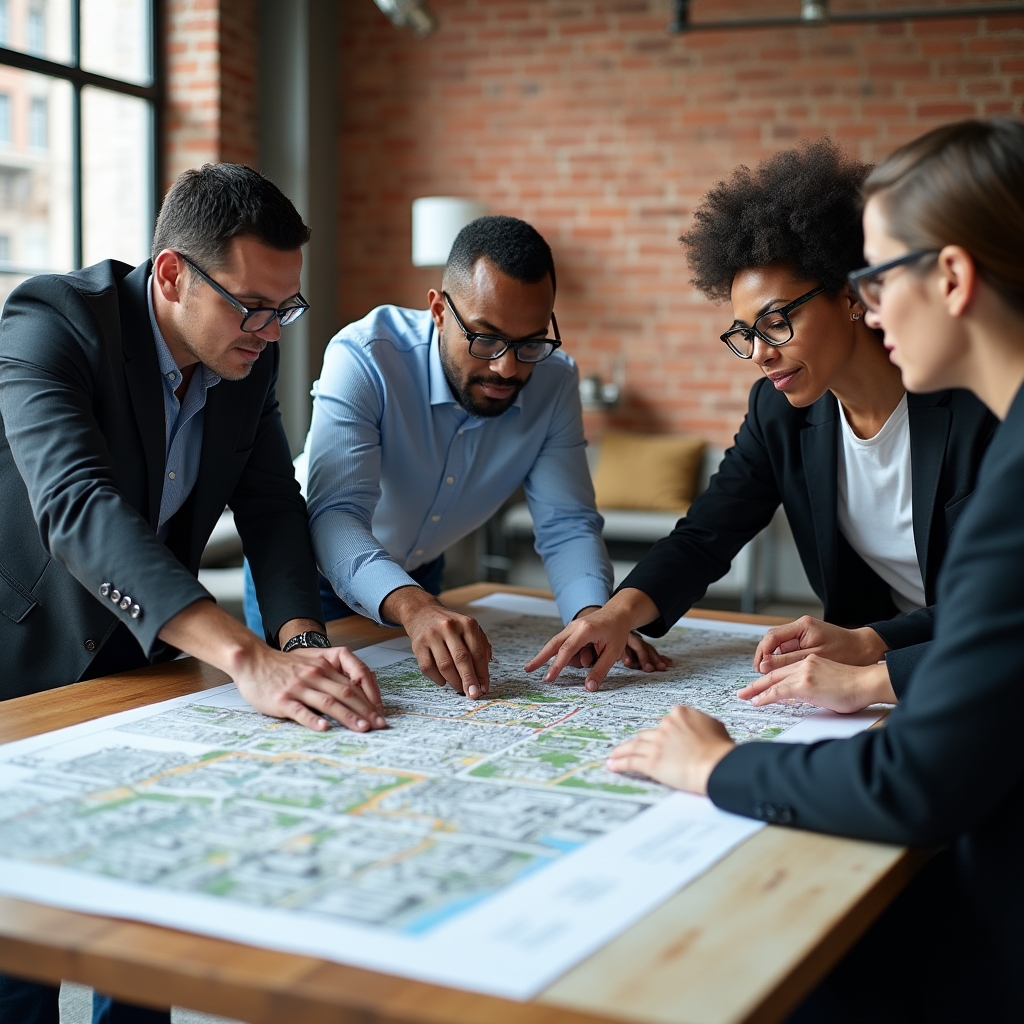 Urban planning discussion with city maps